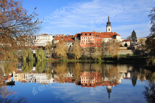 Preview: Colorful Autumn Medieval Town Pisek Above The River Otava With The Gothic Deanery Church, Czech
