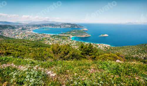 Preview: Aerial View Of Porto Rafti Town. Bright Spring Seascape Of Aegean Sea. Sunny Morning Panorama Of