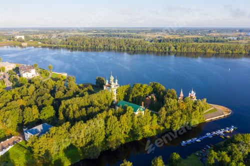 Preview: Uglich, Russia. The Territory Of The Kremlin. Volga River. Embankment In Uglich. Aerial View