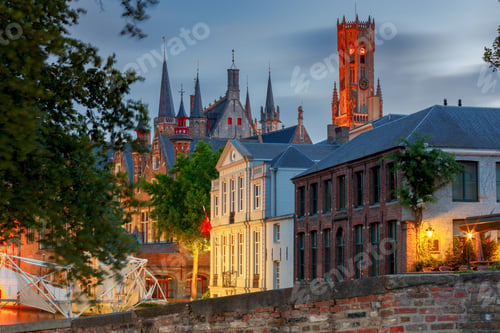Preview: Brugge. The Tower Belfort On The Sunset.