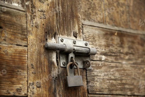 Preview: Broken Wooden Door With Padlock, Construction And Architecture