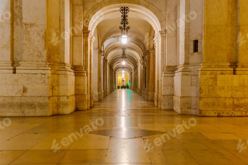 Preview: Gallery On The Commerce Square Of Lisbon In The Night Illumination. Portugal.