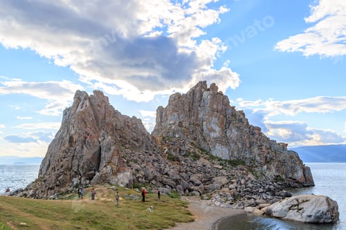Preview: Russia, Lake Baikal. Khuzhir. Tourists Walk Around Shaman Rock. Olkhon Island, Bay "Small Sea"