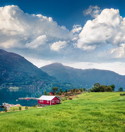 Preview: Typical Countryside Norwegian Landscape With Red Painted Wall House. Picturesque Summer Morning In