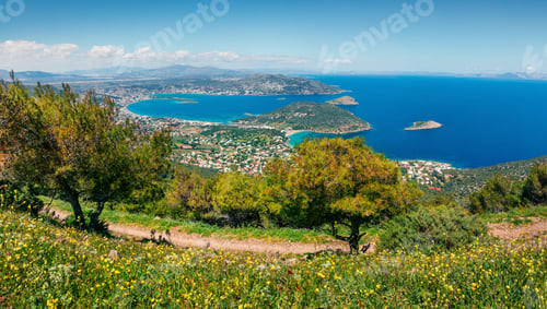 Preview: Aerial View Of Porto Rafti Town. Colorful Spring Seascape Of Aegean Sea. Sunny Morning Panorama Of