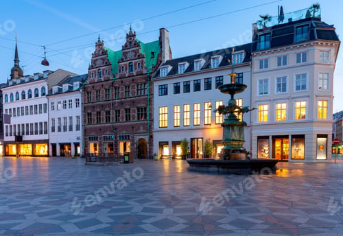 Preview: Square Amagertorv Stork Fountain In Night Lighting At Sunrise. Copenhagen. Denmark.