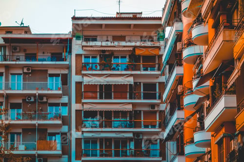 Preview: Blue And Orange Colored Picture Of Apartment Complex At Thessaloniki