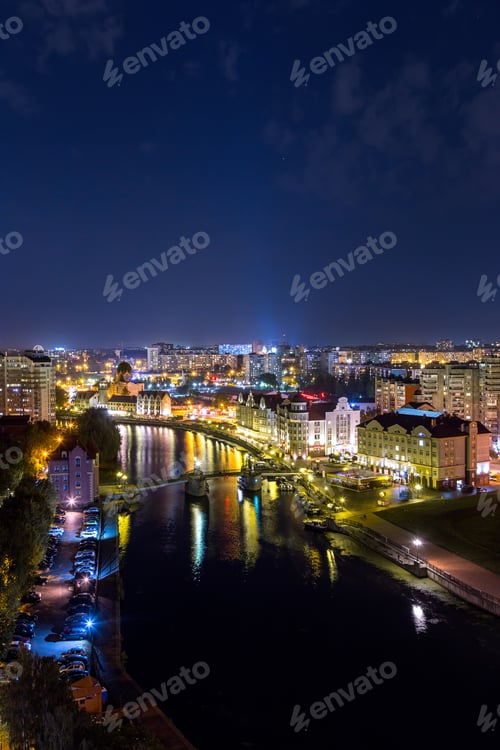 Preview: Night View Of The Center Of Kaliningrad. Jubilee Bridge, Fish Village, Channels Of The Pregolya