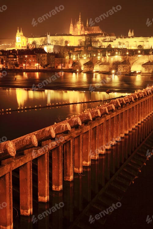 Preview: The View On Prague Gothic Castle With Charles Bridge In The Night, Czech Republic