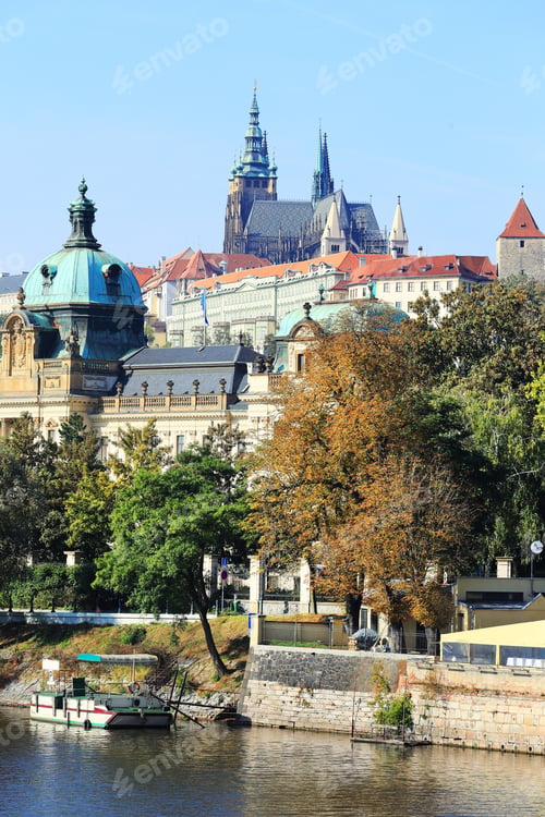 Preview: View On The Colorful Autumn Prague Gothic Castle Above River Vltava, Czech Republic