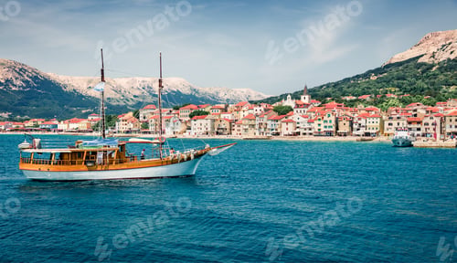 Preview: Picturesque Morning Cityscape Of Bashka Town. Magnificent Summer Seascape Of Adriatic Sea, Krk