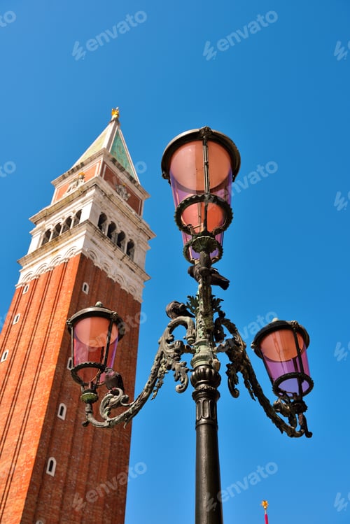 Preview: Characteristic Street Lamps Behind The Bell Tower Of San Marco Venice Italy