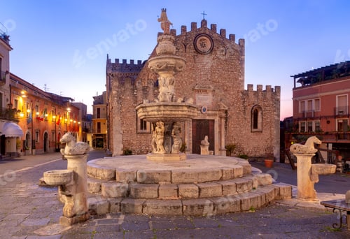Preview: The City Fountain Of Taormina In Front Of The Cathedral At Dawn. Italy. Sicily.