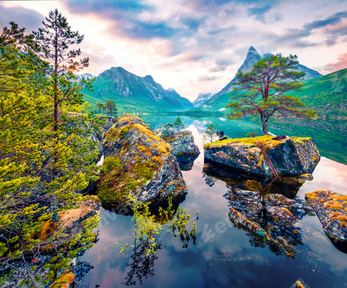 Preview: Picturesque Summer Sunrise On The Innerdalsvatna Lake. Colorful Morning Scene In Norway, Europe