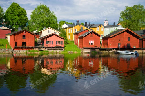 Preview: Red Old Barns On The River Bank On A Sunny Summer Day. Old Porvoo, Finland