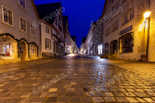 Preview: Old Traditional Medieval Street In Night Illumination. Rothenburg Ob Der Tauber. Bavaria Germany.
