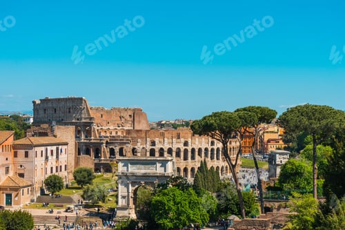 Preview: View Of The Colosseum And Roman Forum In Rome Italy In A Travel And Tourism Concept Under A Sunny