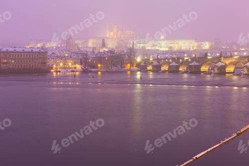 Preview: Foggy Night Prague Lesser Town With Gothic Castle, Bridge Tower And St. Nicholas' Cathedral In The