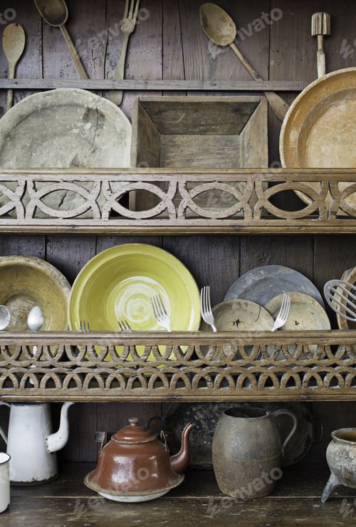 Preview: Wooden Kitchen With Dishes And Pans, And Utensils Home