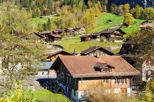Preview: Traditional Chalets Of Village In Lauterbrunnen Valley At Autumn, Berner Oberland, Switzerland