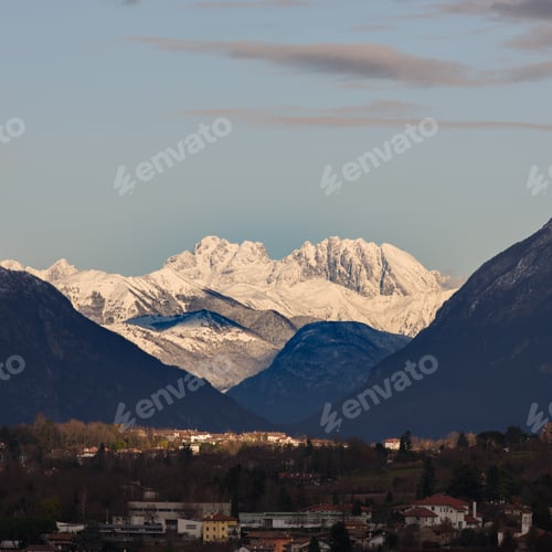 Preview: Winter Panorama Between Cassacco And Tricesimo. From The Hills To The Snow-Capped Mountains. Sunrise