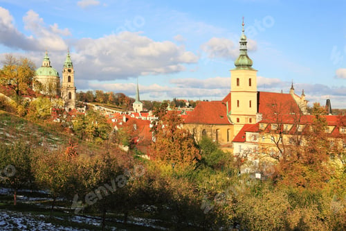Preview: Romantic Snowy Prague St. Nicholas' Cathedral In The Sunny Day, Czech Republic