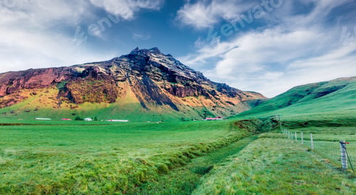 Preview: Typical Icelandic Landscape Near Skogafoss Waterfall In South Iceland, Europe. Green Summer Scene