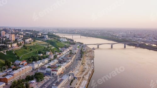 Preview: Aerial View Of Kanavinsky Bridge Across The Oka River From The River Side During Sunset. Nizhny