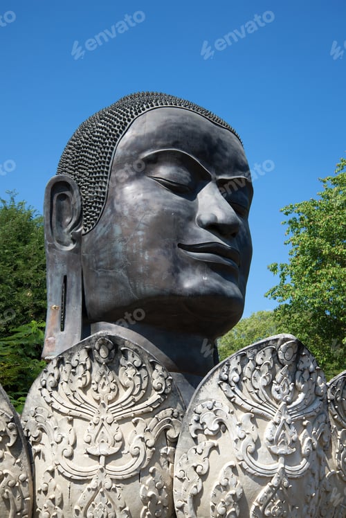 Preview: Head Of The Black Buddha In The Lotus Flower. Ancient Sculpture On The Temple Grounds Of Wat