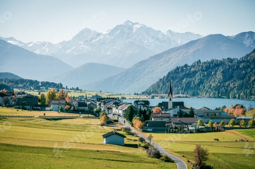 Preview: Aerial Autumn View Of San Valentin Village. Colorful Morning Scene Of Small Italian Village Located