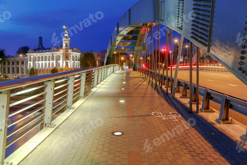 Preview: Iron Arched Mindaugas Bridge Across Neris River In Vilnius With Night Lighting. Lithuania.