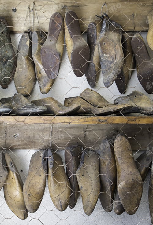 Preview: Antique Wooden Clogs Footwear In Trade, Business And Complement