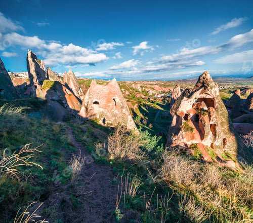 Preview: Picturesque Spring View Of Cappadocia. Deep Blue Sky Over Uchisar Castle. Bright Morning Scene Of