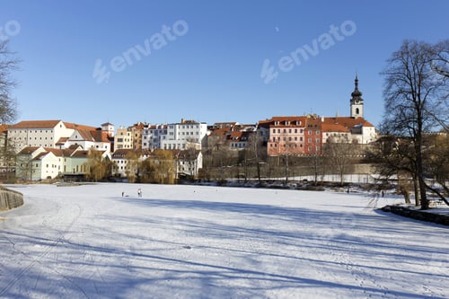 Preview: Colorful Royal Snowy Medieval Town Pisek Above The Frozen River Otava, Czech Republic