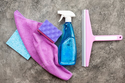 Preview: Household Accessories: Washing Spray, Spongy, Rag And Washing Brushs Lying On A Gray Decorative