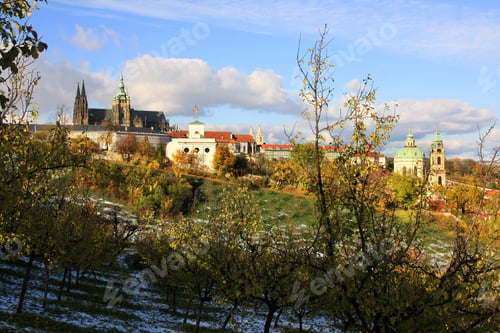 Preview: Romantic Snowy Colorful Autumn Prague Gothic Castle With St. Nicholas' Cathedral, Czech Republic