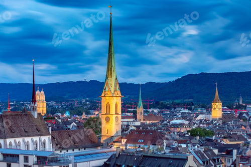 Preview: Scenic Aerial View Of The City At Sunset. Zurich. Switzerland.