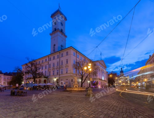 Preview: Medieval Town Hall Square In The Old Town At Night. Lviv. Ukraine.