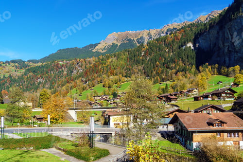 Preview: Traditional Chalets Of Village In Lauterbrunnen Valley At Autumn, Berner Oberland, Switzerland