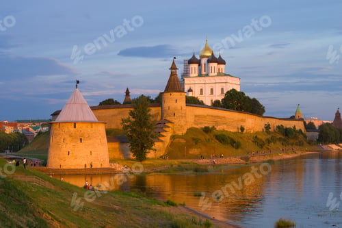 Preview: View Of The Pskov Kremlin On A Sunny July Evening. Pskov, Russia