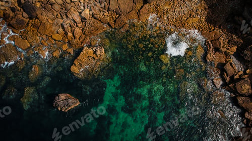 Preview: Aerial View Of Waves, Rocks And Transparent Sea. Summer Seascape. Top View From Drone. Rocky