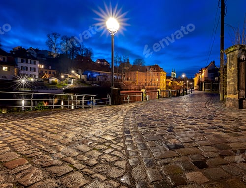 Preview: Old City Embankment In Night Illumination. Bamberg. Bavaria Germany.