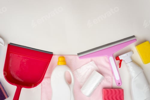 Preview: Household Accessories Neatly Laid Out On The Table. Top View. Copy Space