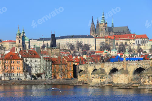 Preview: Winter Prague Gothic Castle With Charles Bridge And Old Town, Czech Republic