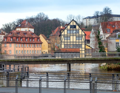 Preview: Embankment Of The Old City On A Cloudy Day. Bamberg. Bavaria Germany.