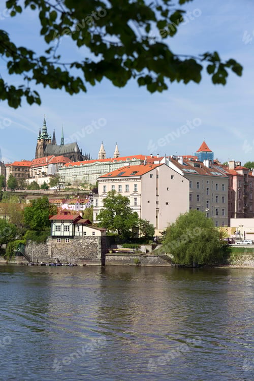 Preview: Spring Green Prague Lesser Town With Gothic Castle Above River Vltava In The Sunny Day, Czech