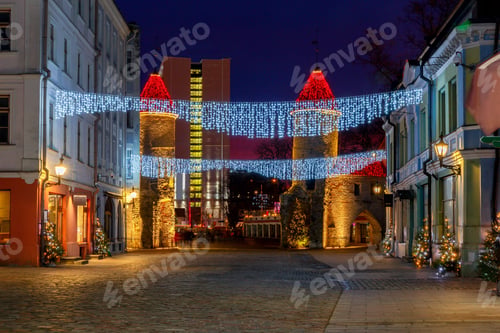 Preview: Night View Of The Viru Gate And Viru Street In The Christmas Light. Tallinn. Estonia.