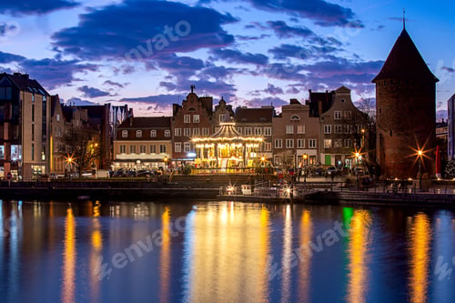 Preview: City Embankment And Facades Of Medieval Houses In The Old City At Sunset. Gdansk. Poland.