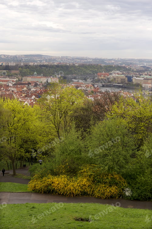 Preview: View On The Spring Prague City With The Green Nature And Flowering Trees, Czech Republic