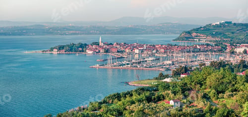 Preview: Aerial View Of Old Fishing Town Izola. Colorful Spring Of Seascape Adriatic Sea. Beautiful Panorama